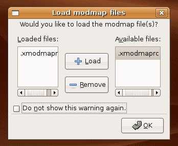 Dialogue showing adding the xmodmaprc file to be loaded when x starts up