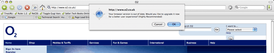 O2 website with alert saying 'Your browser is out of date'